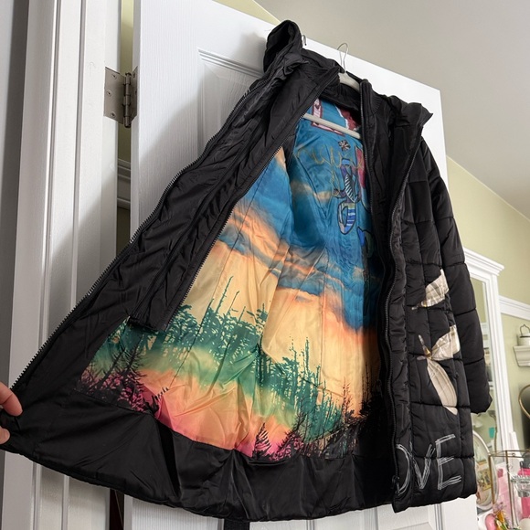 Desigual Black Floral Puffer Jacket Sz 38 - Picture 4 of 11